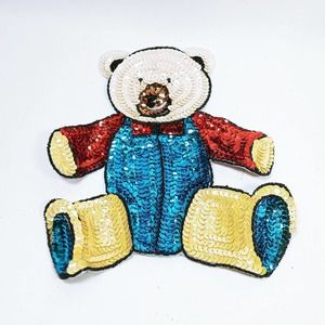 Vintage Sequence & Beads Bear Colorful Appliques Teddy in Overalls Patch NOS (b8